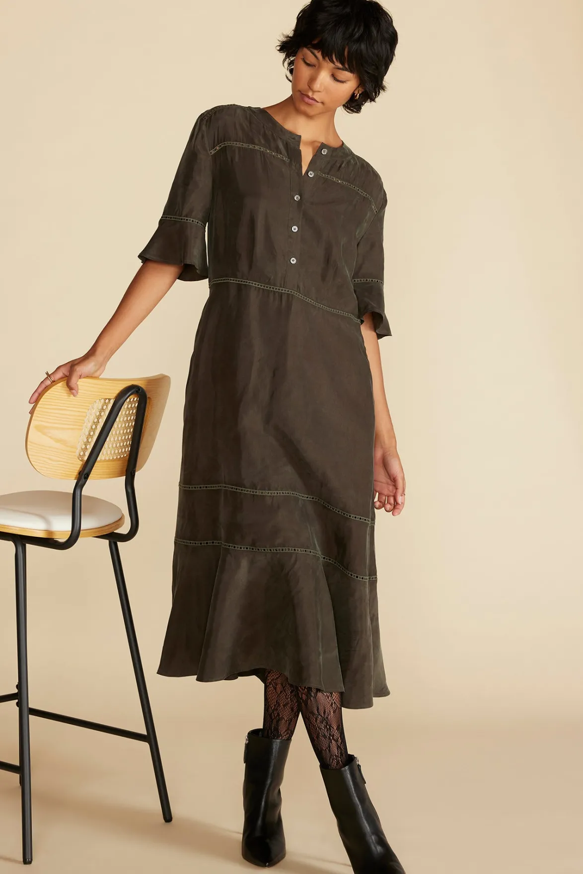 Dresses^Amour Vert Adaline Embroidered Cupro Dress OliveGreen