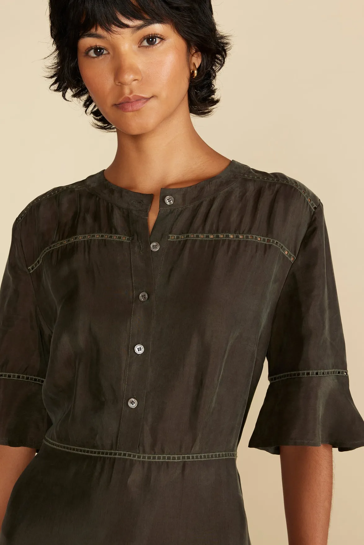 Dresses^Amour Vert Adaline Embroidered Cupro Dress OliveGreen