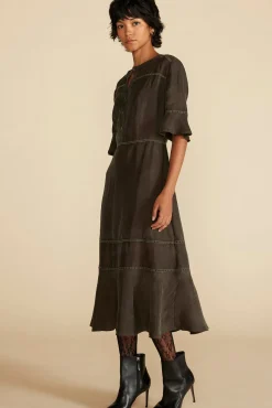 Dresses^Amour Vert Adaline Embroidered Cupro Dress OliveGreen