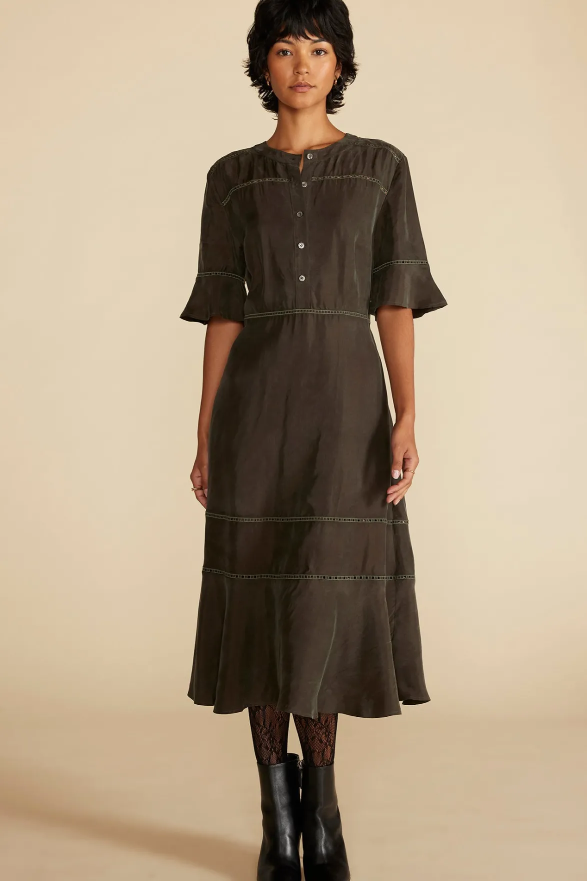 Dresses^Amour Vert Adaline Embroidered Cupro Dress OliveGreen