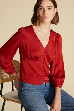 Blouses & Shirts|Tops^Amour Vert Aurelie Stretch Silk Bustier Blouse Rust