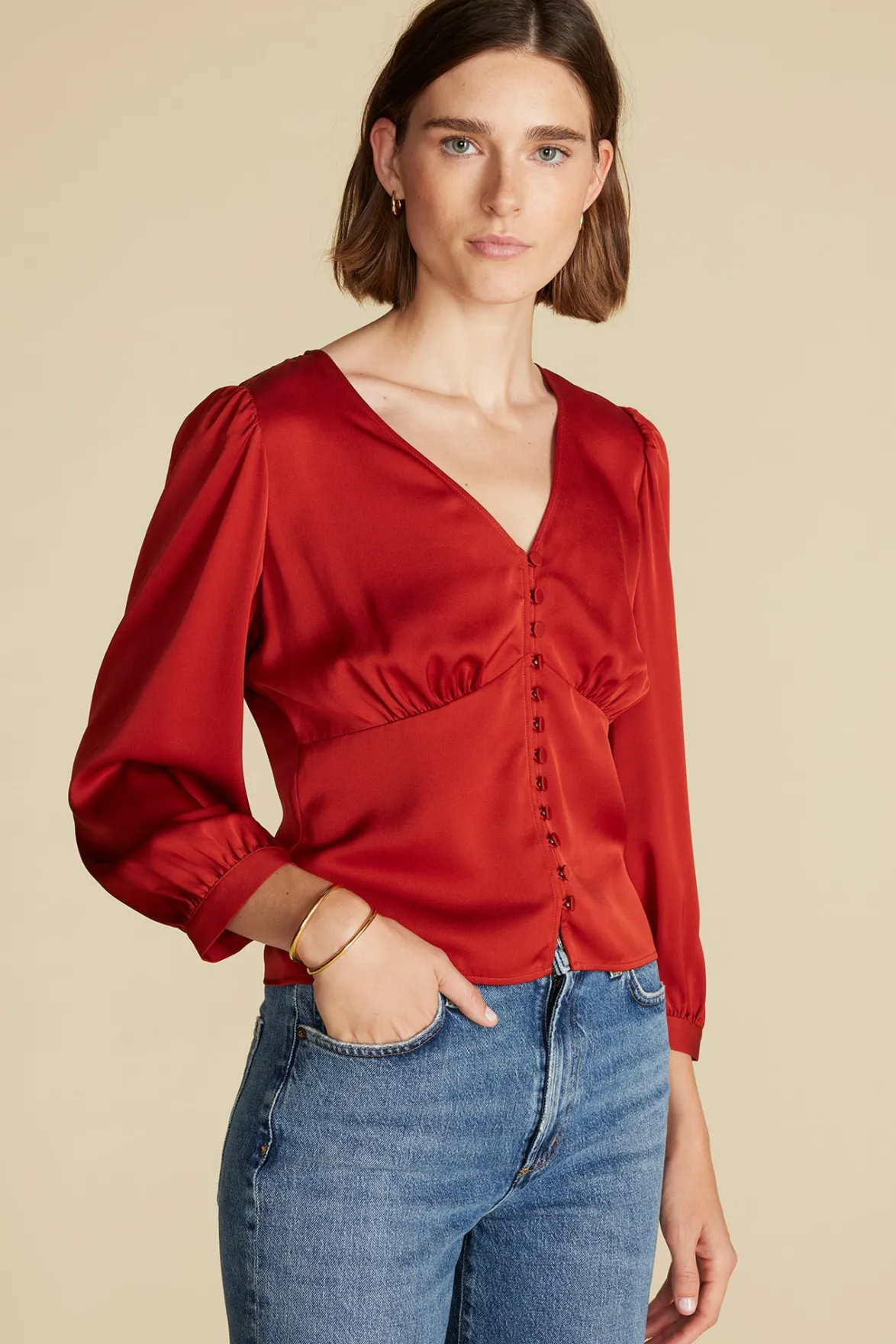 Blouses & Shirts|Tops^Amour Vert Aurelie Stretch Silk Bustier Blouse Rust