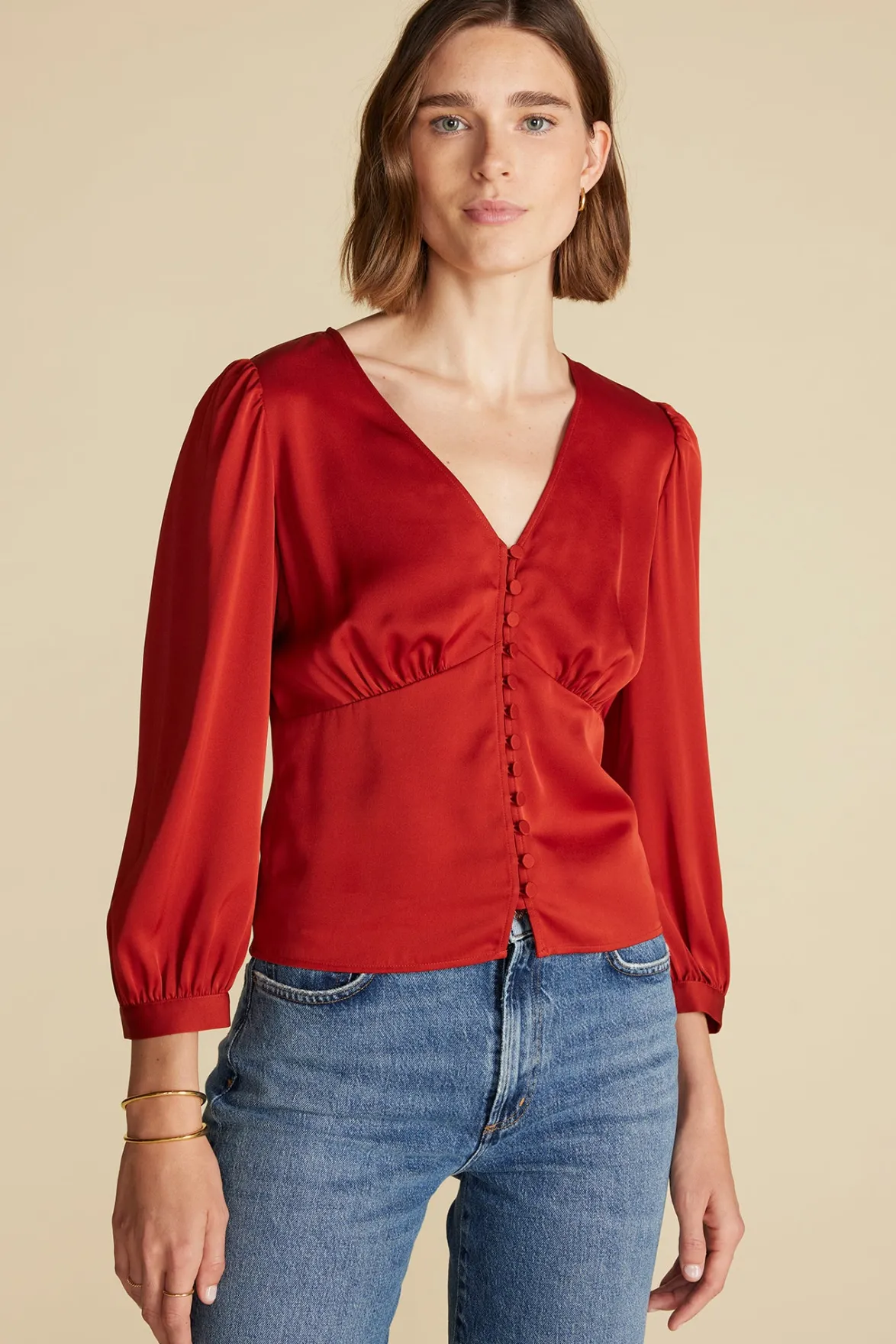 Blouses & Shirts|Tops^Amour Vert Aurelie Stretch Silk Bustier Blouse Rust