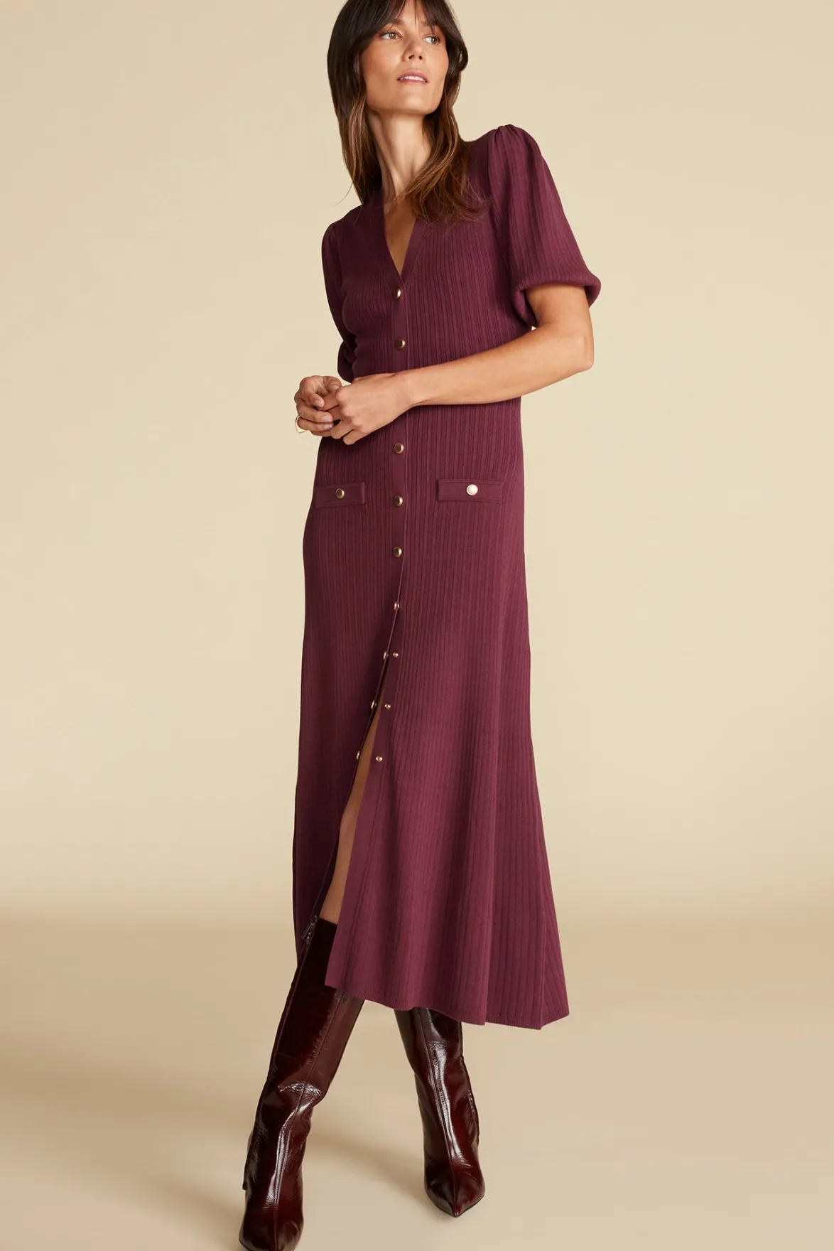 Dresses^Amour Vert Benoite Knit Shirt Dress Burgundy
