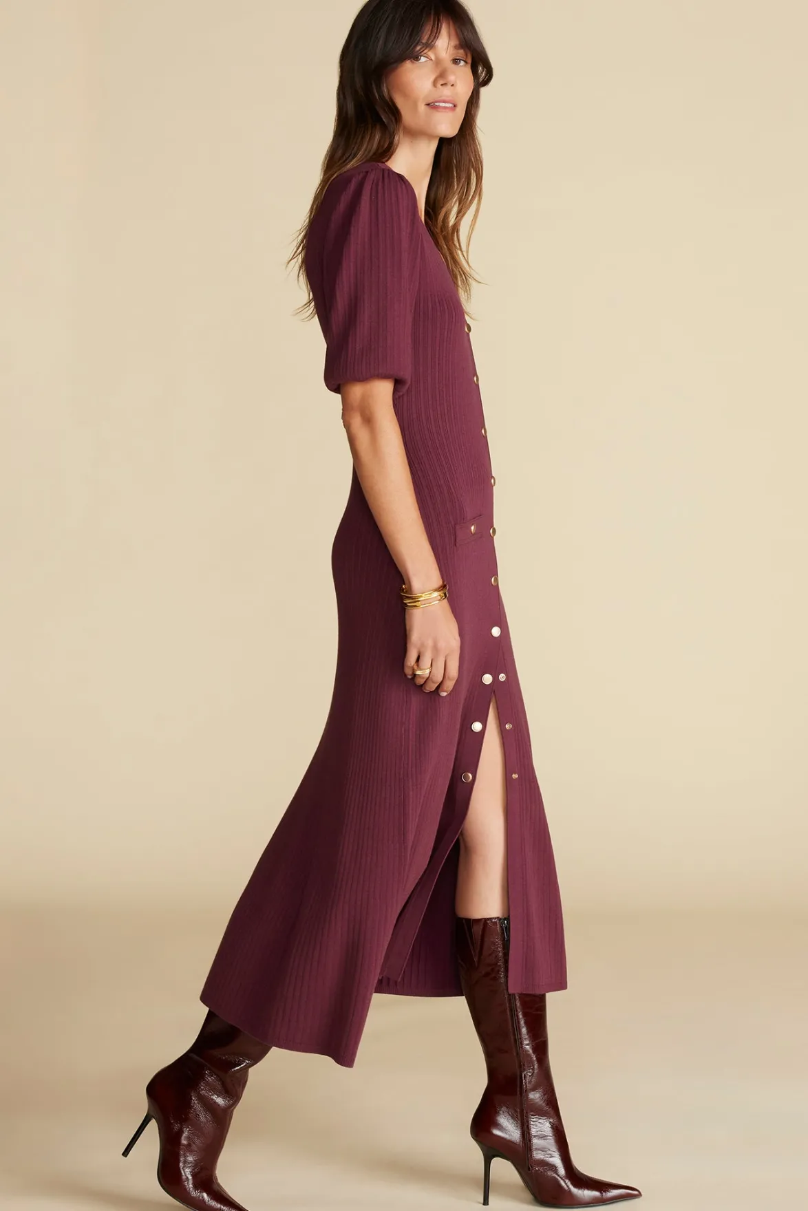 Dresses^Amour Vert Benoite Knit Shirt Dress Burgundy