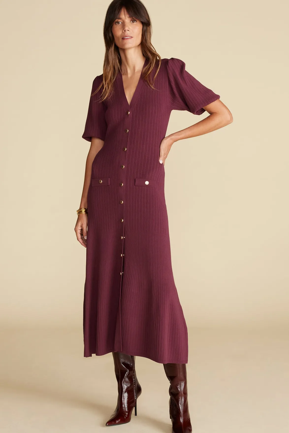 Dresses^Amour Vert Benoite Knit Shirt Dress Burgundy