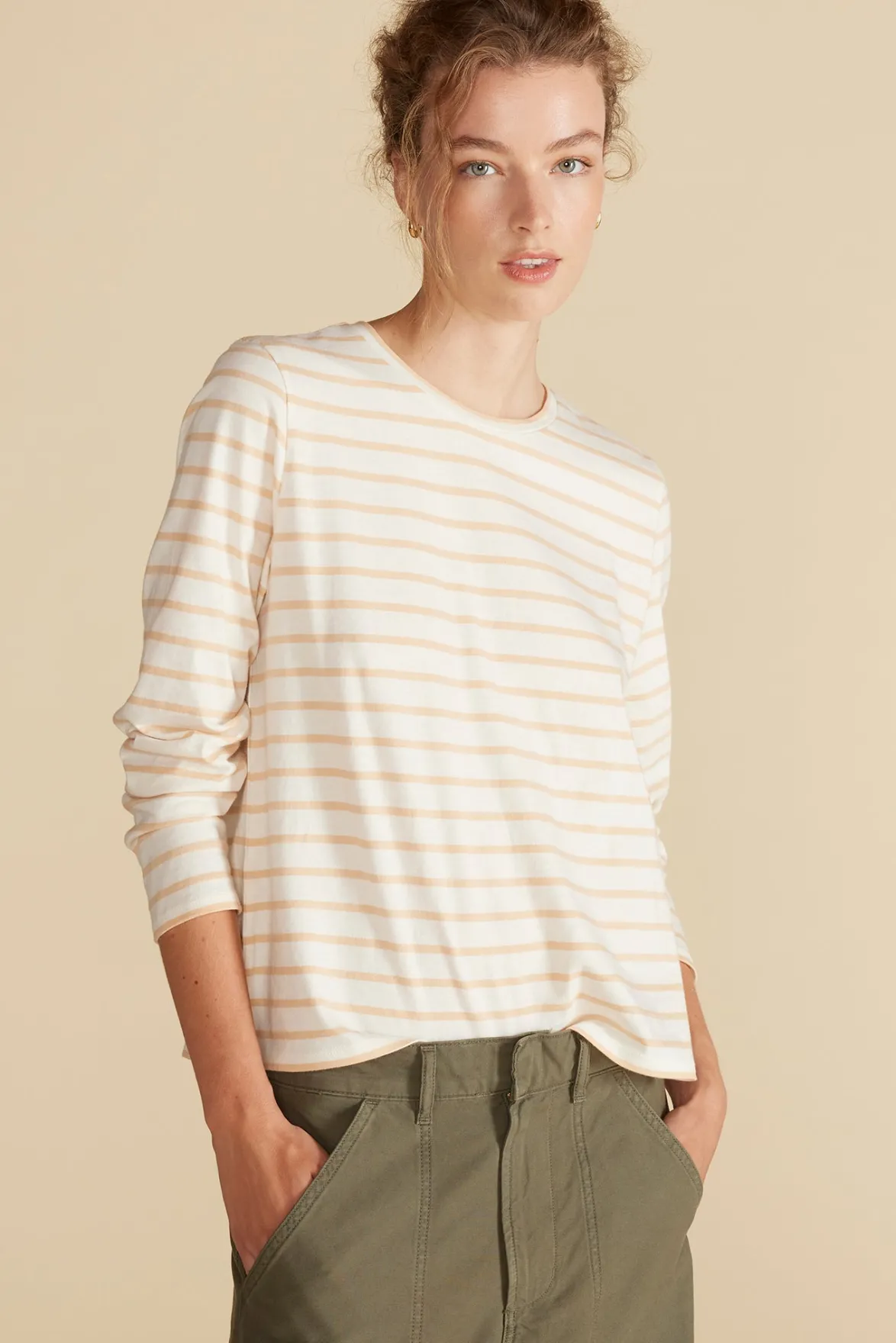 Tops|Tees^Amour Vert Berkeley Long Sleeve Tee IvoryandBiscottiBeigeStripe