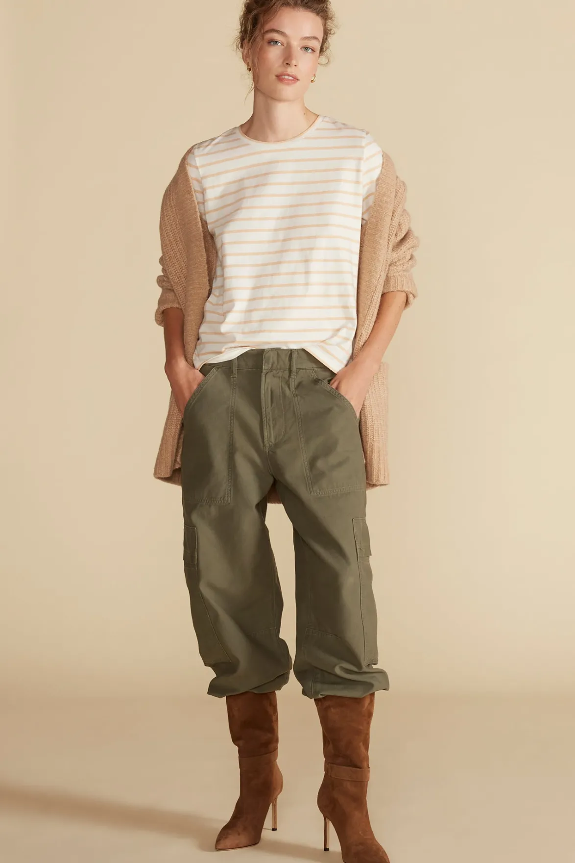Tops|Tees^Amour Vert Berkeley Long Sleeve Tee IvoryandBiscottiBeigeStripe
