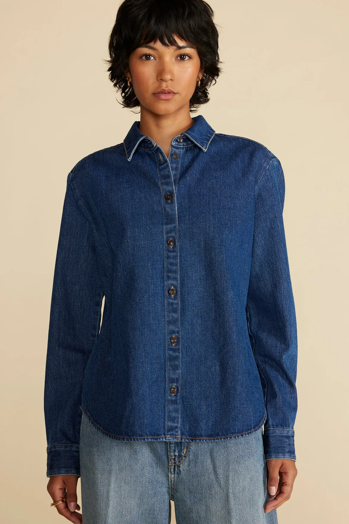 Blouses & Shirts|Tops^Amour Vert Bixby Denim Collared Long Sleeve Top IndigoBlue