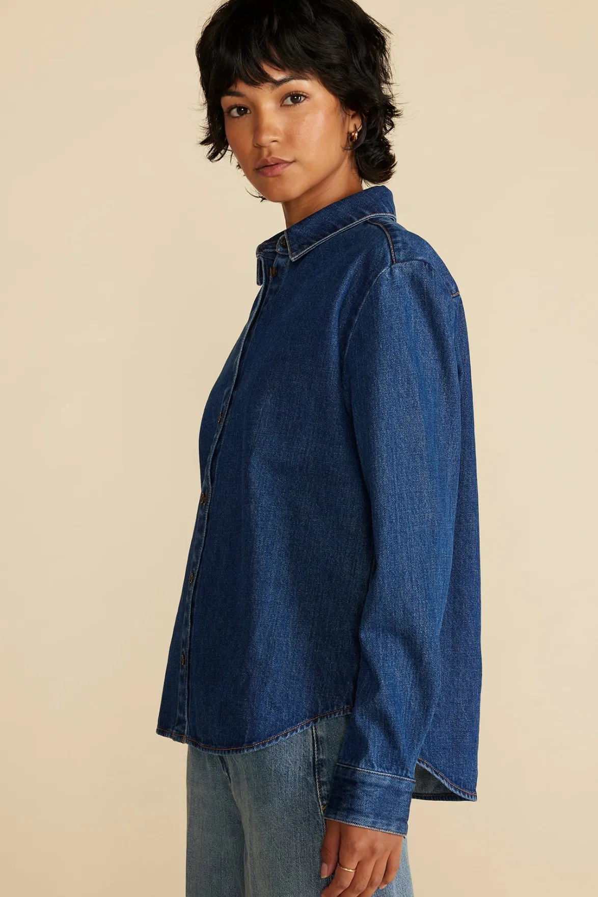 Blouses & Shirts|Tops^Amour Vert Bixby Denim Collared Long Sleeve Top IndigoBlue