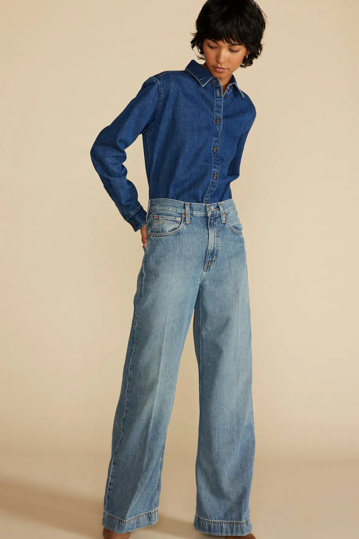 Blouses & Shirts|Tops^Amour Vert Bixby Denim Collared Long Sleeve Top IndigoBlue