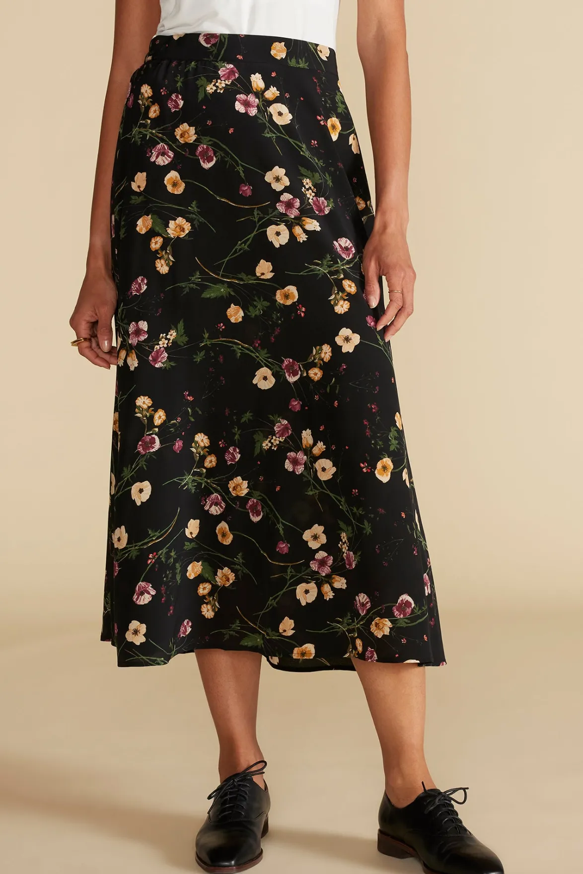 Skirts^Amour Vert Blaze Washable Silk Skirt BlackMargeuritteWildflowerPrint