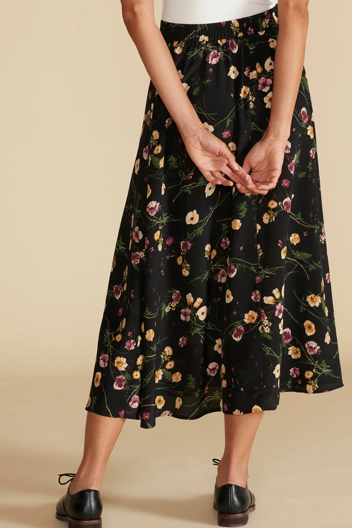 Skirts^Amour Vert Blaze Washable Silk Skirt BlackMargeuritteWildflowerPrint