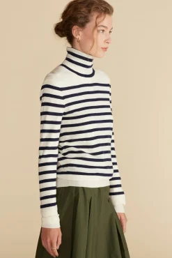 Sweaters & Cardigans|Clearance^Amour Vert Carrie Turtleneck Cashmere Sweater IvoryandNavyBlueStripe