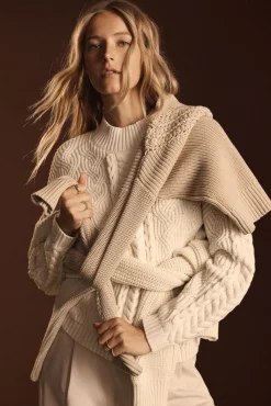 Sweaters & Cardigans^Amour Vert Celeste Cable Cotton Merino Sweater Ivory