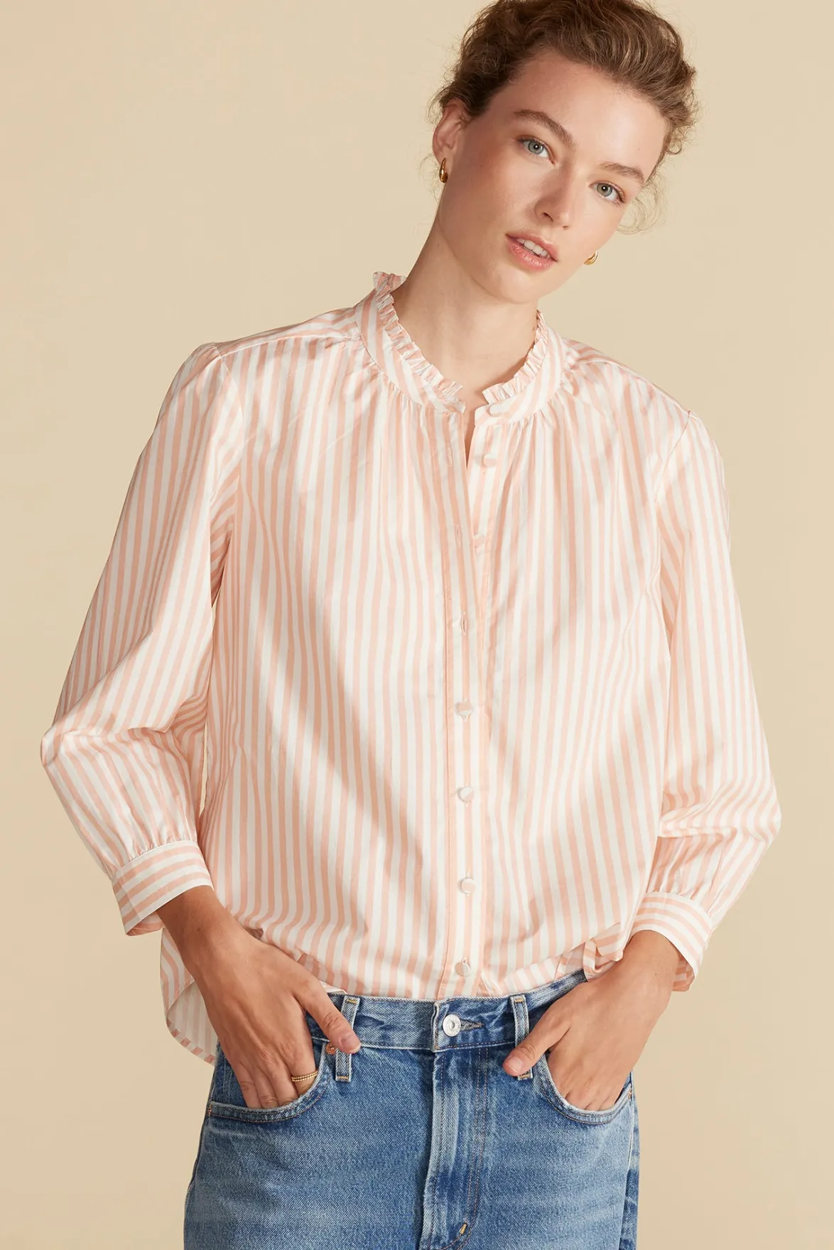 Blouses & Shirts|Tops^Amour Vert Charlotte Organic Cotton Blouse ApricotandIvoryStripe