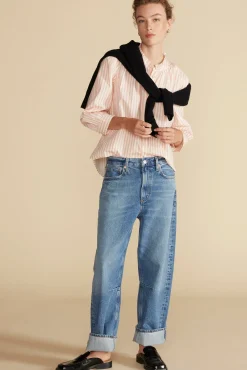 Blouses & Shirts|Tops^Amour Vert Charlotte Organic Cotton Blouse ApricotandIvoryStripe
