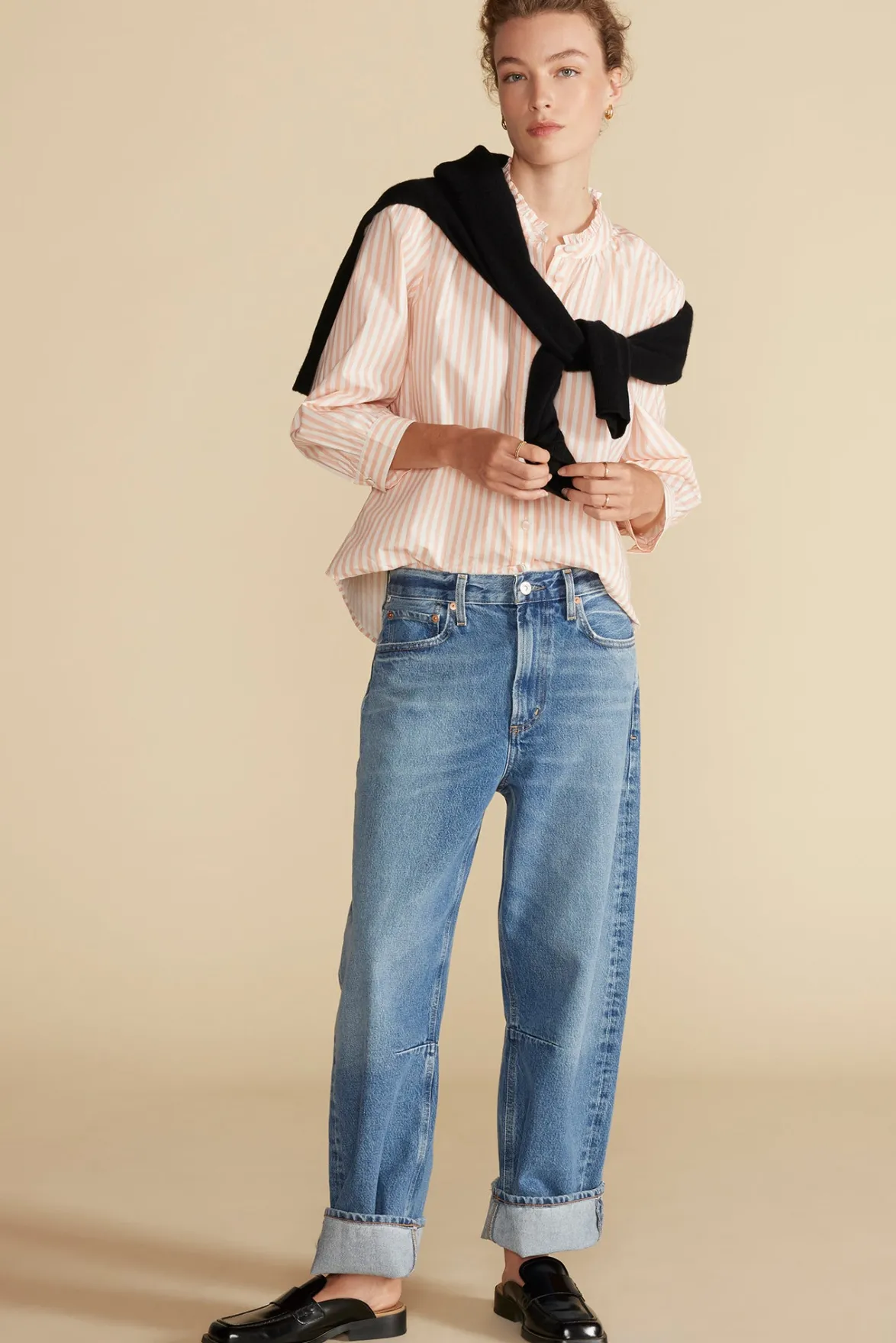 Blouses & Shirts|Tops^Amour Vert Charlotte Organic Cotton Blouse ApricotandIvoryStripe