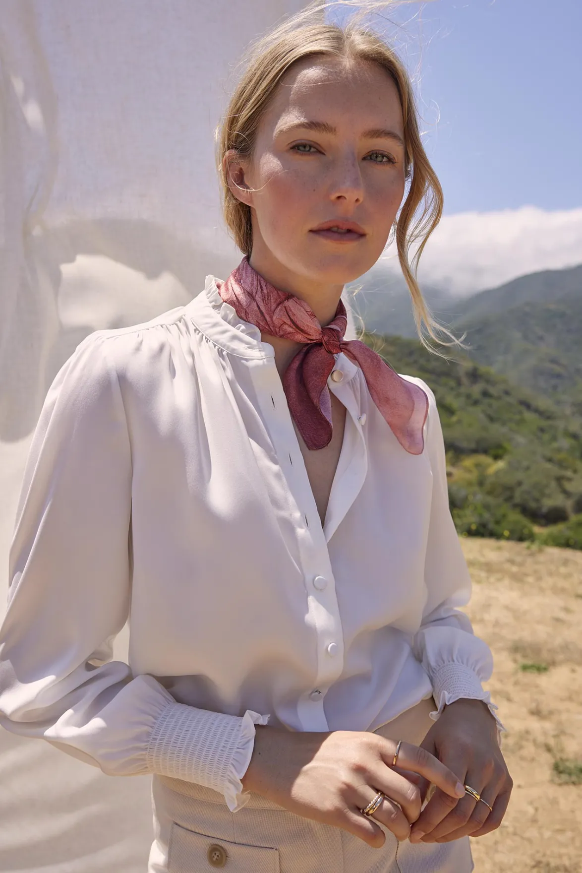 Blouses & Shirts|Tops^Amour Vert Charlotte Ruffled Recycled Sateen Blouse Ivory