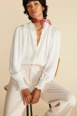 Blouses & Shirts|Tops^Amour Vert Charlotte Ruffled Recycled Sateen Blouse Ivory