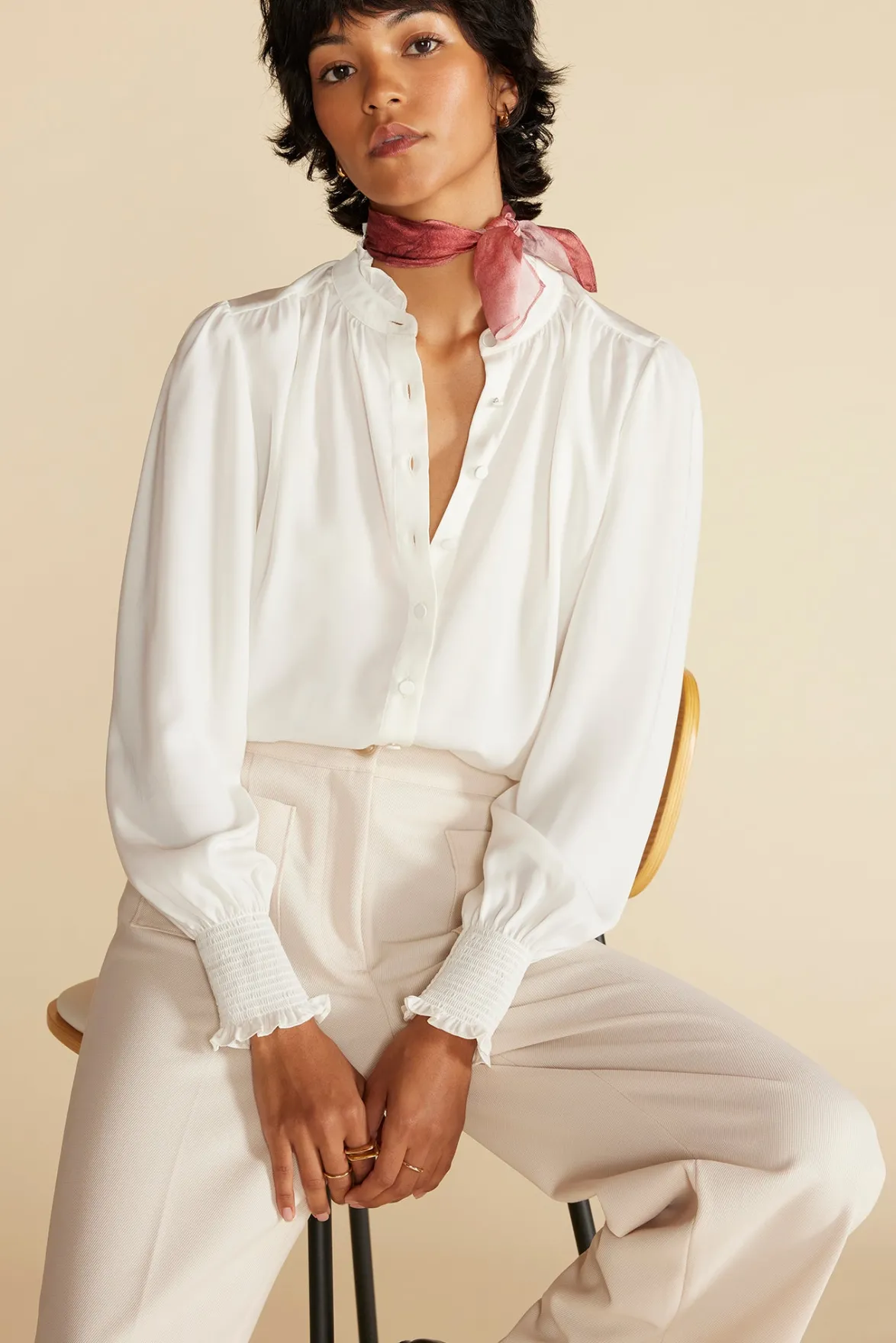 Blouses & Shirts|Tops^Amour Vert Charlotte Ruffled Recycled Sateen Blouse Ivory
