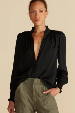Blouses & Shirts|Tops^Amour Vert Charlotte Ruffled Recycled Sateen Blouse Black
