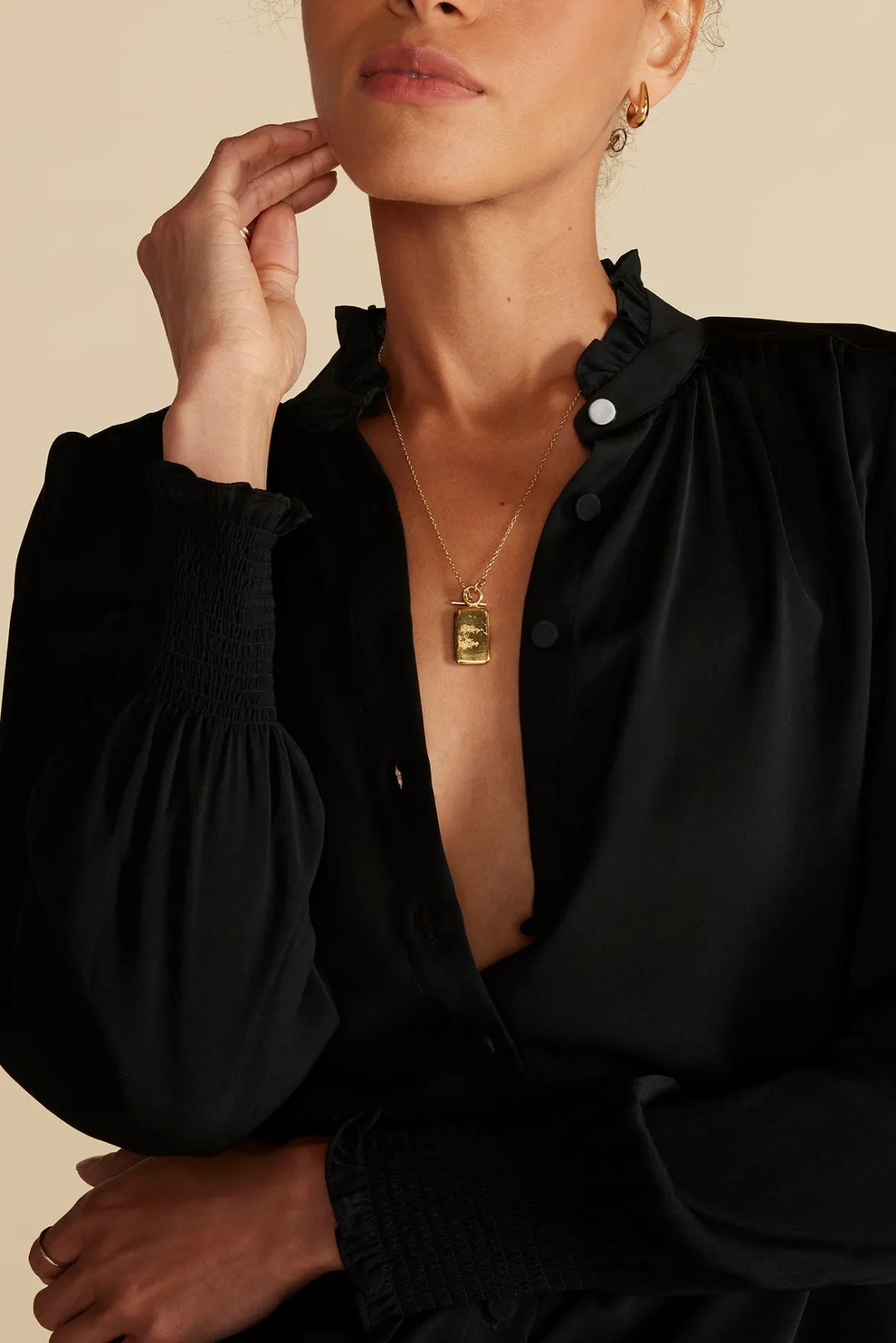 Blouses & Shirts|Tops^Amour Vert Charlotte Ruffled Recycled Sateen Blouse Black