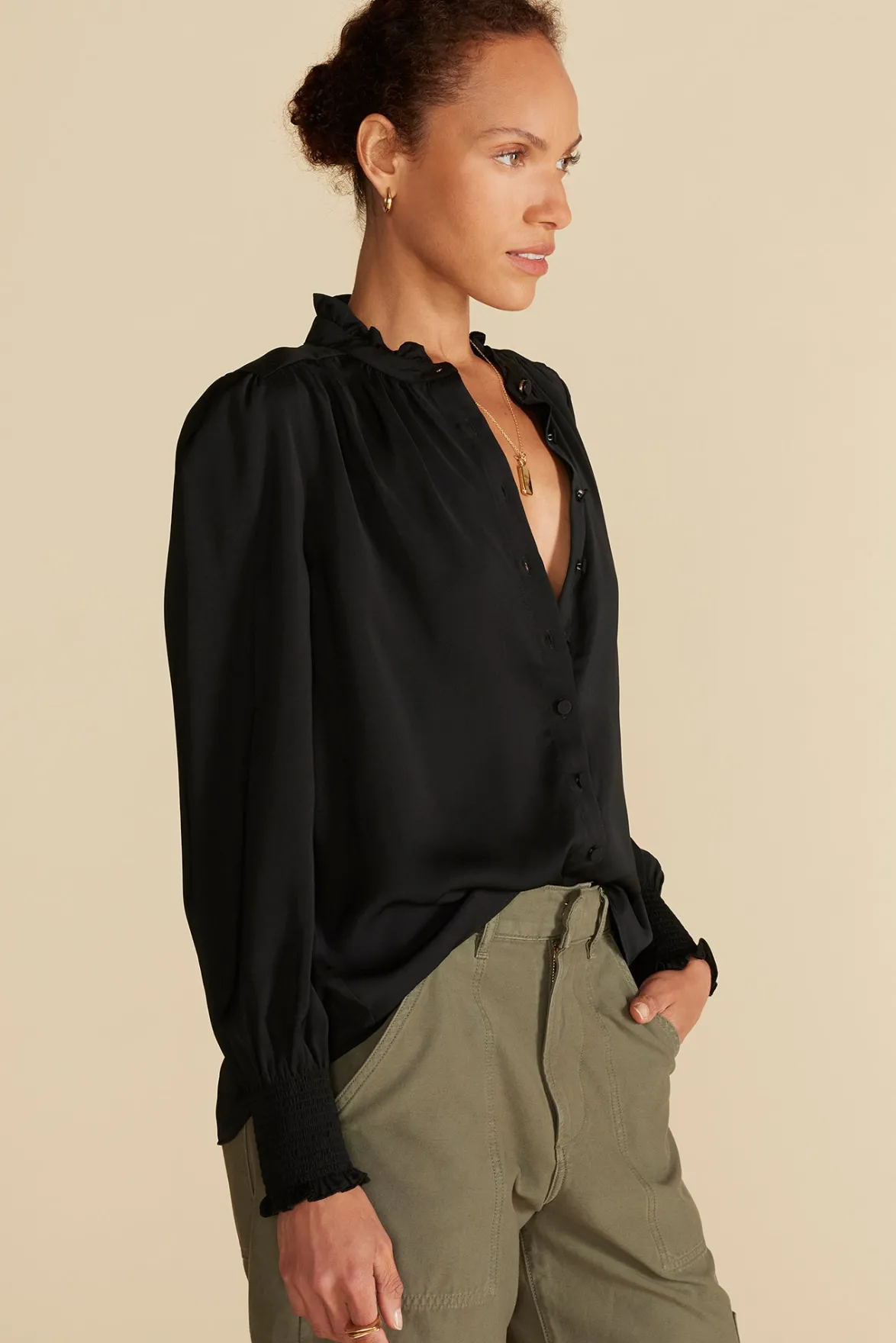 Blouses & Shirts|Tops^Amour Vert Charlotte Ruffled Recycled Sateen Blouse Black