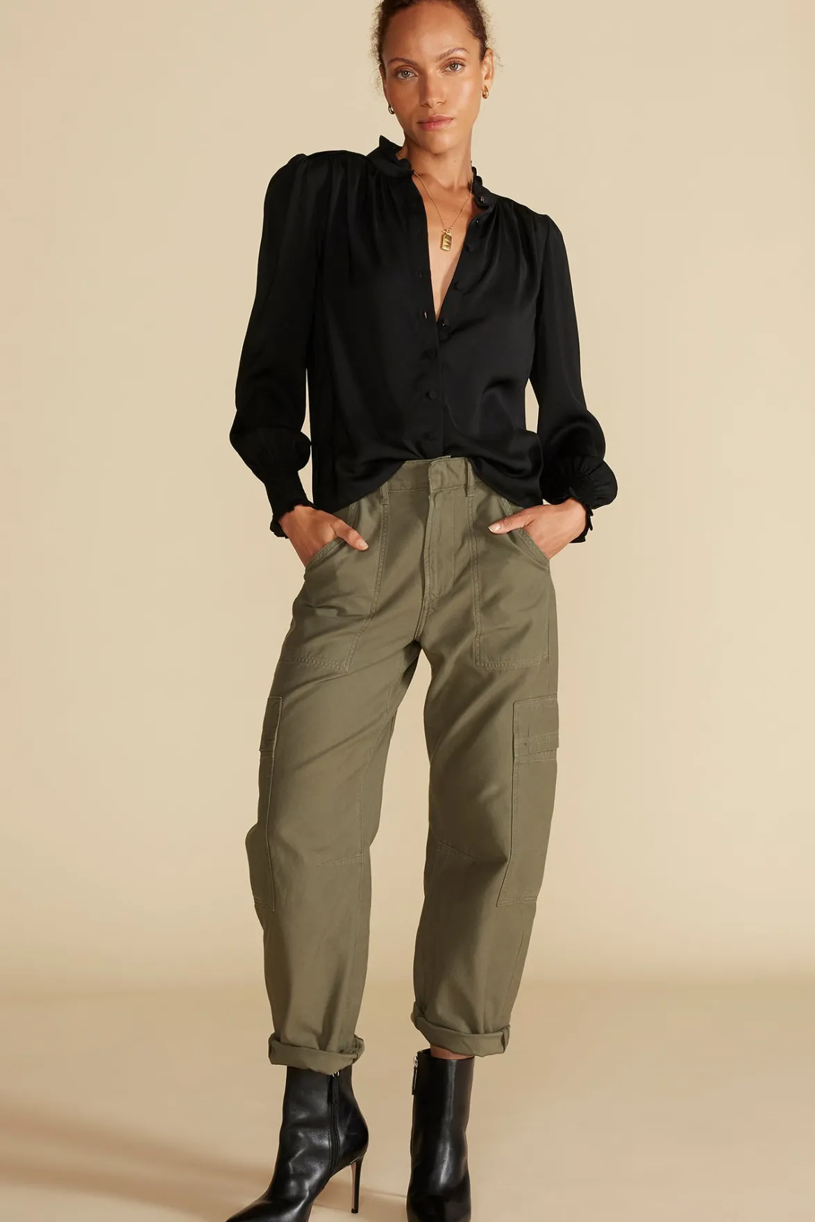 Blouses & Shirts|Tops^Amour Vert Charlotte Ruffled Recycled Sateen Blouse Black