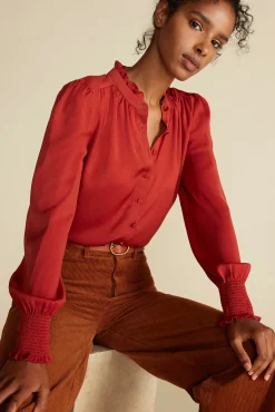 Blouses & Shirts|Tops^Amour Vert Charlotte Ruffled Recycled Sateen Blouse Rust
