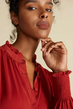 Blouses & Shirts|Tops^Amour Vert Charlotte Ruffled Recycled Sateen Blouse Rust
