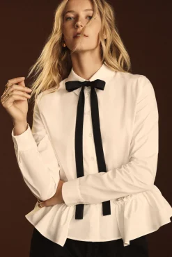 Blouses & Shirts|Tops^Amour Vert Cottine Cotton Poplin Tie Blouse White