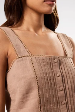 Tops|Clearance^Amour Vert Crochet Trim Cotton Linen Tank Sand