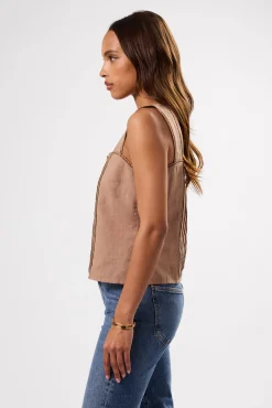 Tops|Clearance^Amour Vert Crochet Trim Cotton Linen Tank Sand