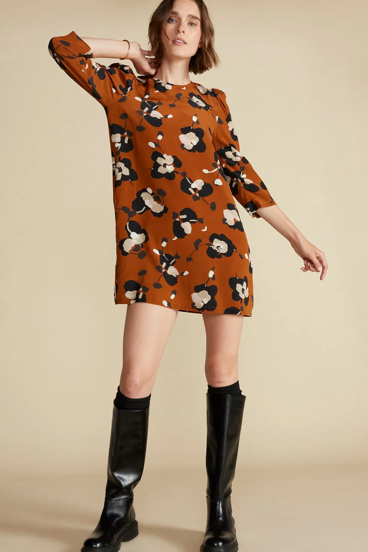Dresses^Amour Vert Darla Washable Silk Dress AlmondBrownPenseeFloralPrint