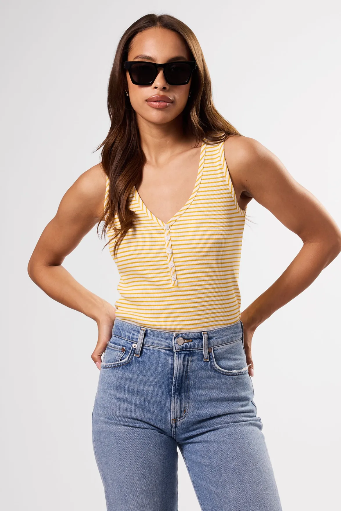 Tops|Clearance^Amour Vert Deacon Organic Cotton Modal Rib Tank CannesStripeNaturalSoleilYellow
