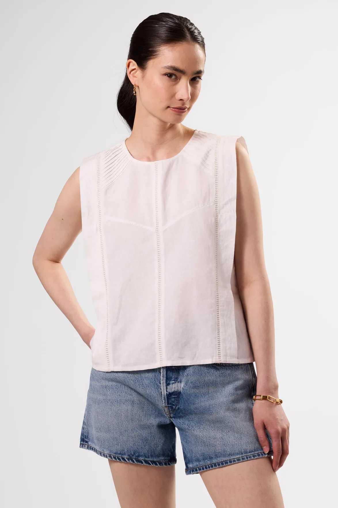 Tops|Clearance^Amour Vert Detailed Cotton Linen Tank Top White