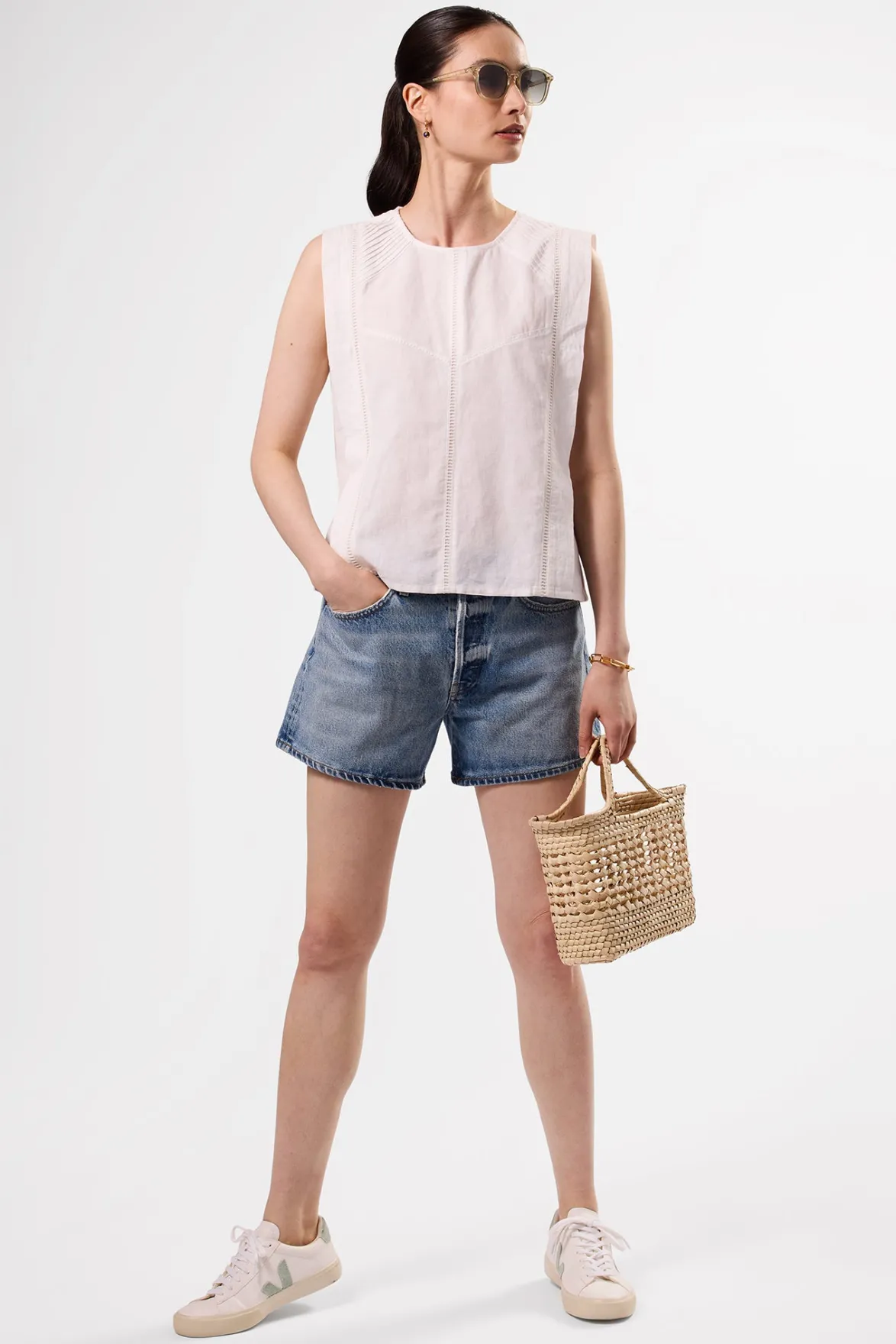 Tops|Clearance^Amour Vert Detailed Cotton Linen Tank Top White