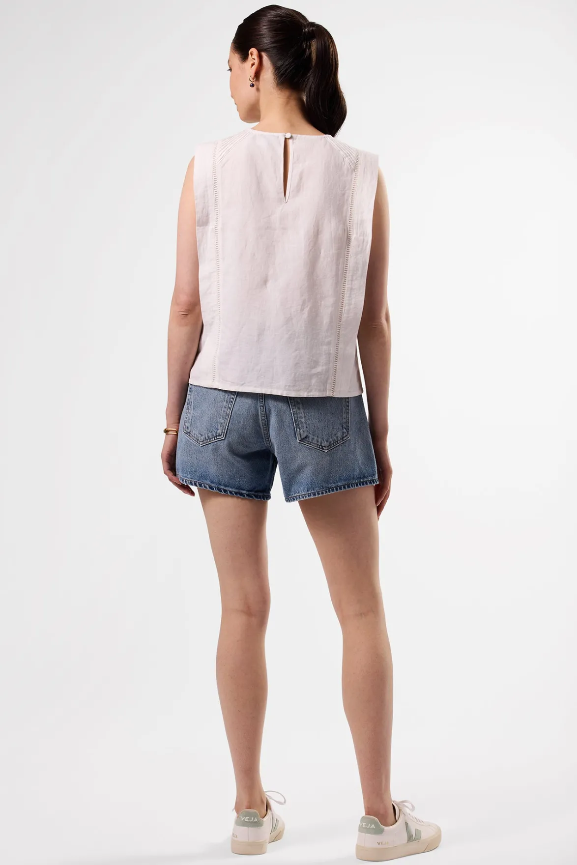 Tops|Clearance^Amour Vert Detailed Cotton Linen Tank Top White