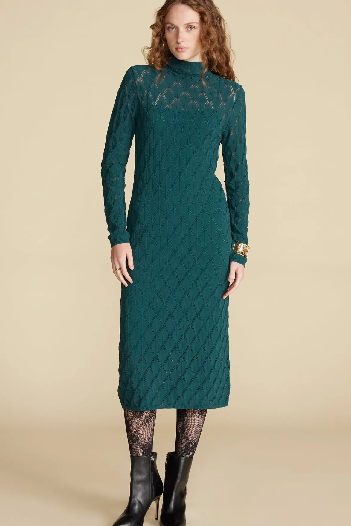 Dresses^Amour Vert Dore Diamond Pointelle Midi Dress ForestGreen