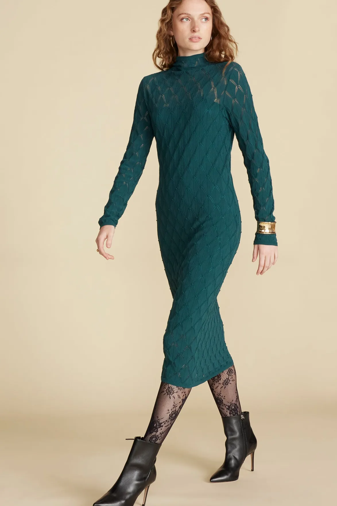 Dresses^Amour Vert Dore Diamond Pointelle Midi Dress ForestGreen