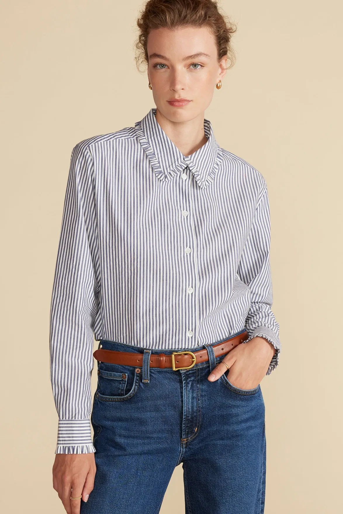 Blouses & Shirts|Tops^Amour Vert Edelie Ruffled Poplin Shirt BayeuxNavyBlueandIvoryStripe