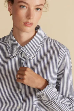 Blouses & Shirts|Tops^Amour Vert Edelie Ruffled Poplin Shirt BayeuxNavyBlueandIvoryStripe