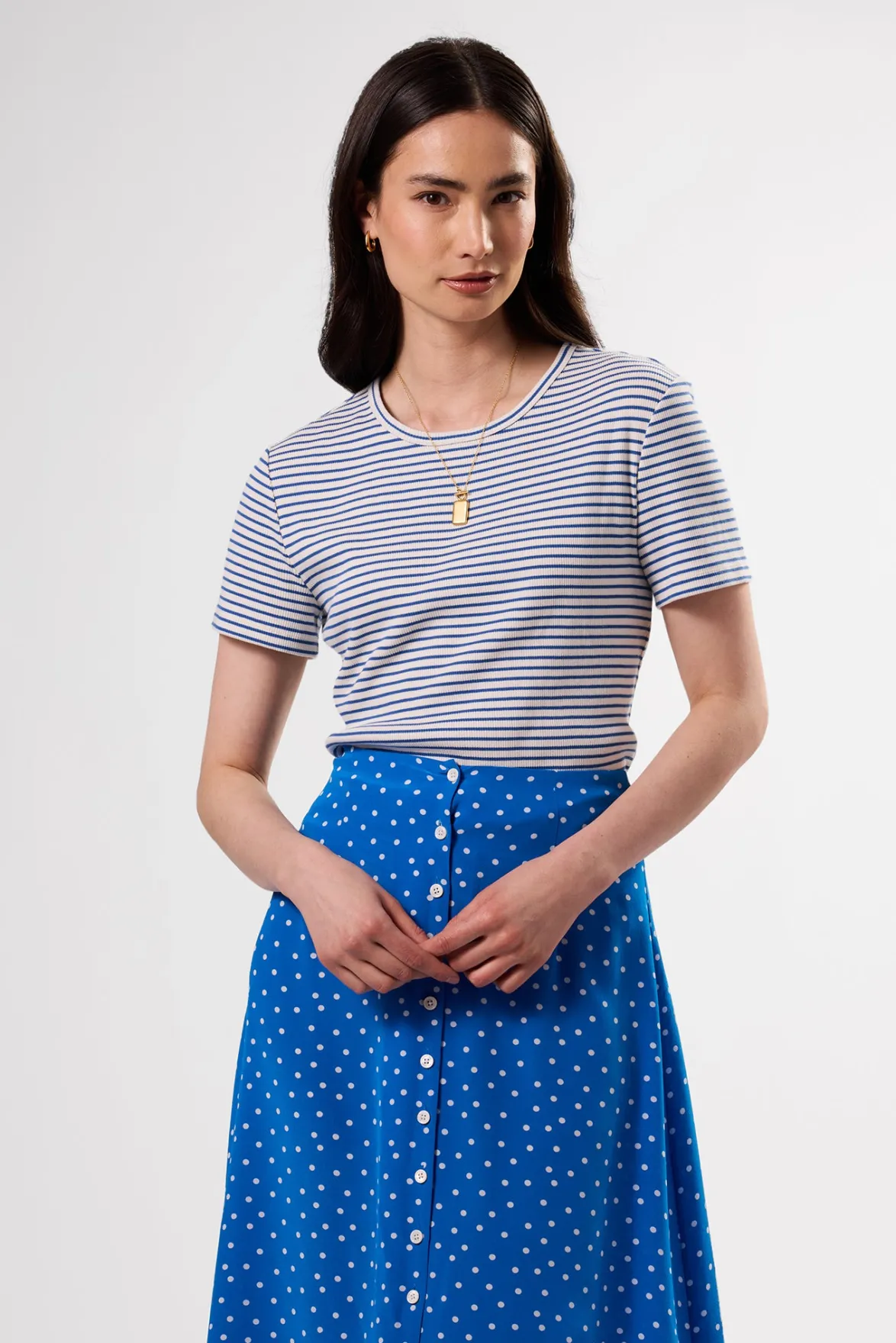 Tops|Tees^Amour Vert Eleanor Organic Cotton Modal Rib Tee CannesStripeNaturalAegeanBlue