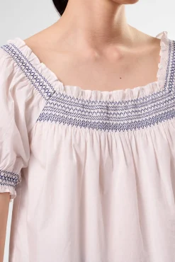 Tops|Clearance^Amour Vert Embroidered Smocked Top WhiteCobaltEmbroidery