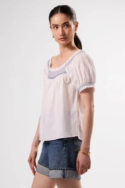 Tops|Clearance^Amour Vert Embroidered Smocked Top WhiteCobaltEmbroidery