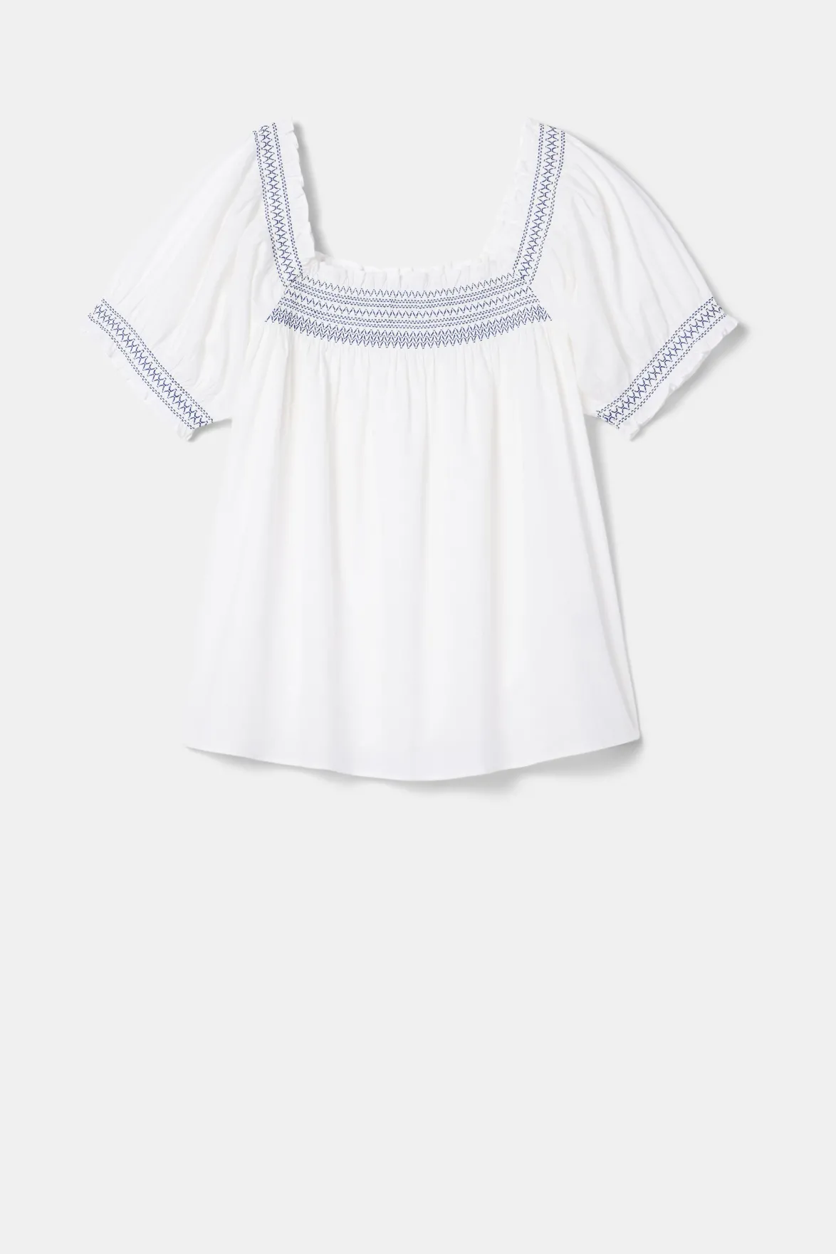 Tops|Clearance^Amour Vert Embroidered Smocked Top WhiteCobaltEmbroidery