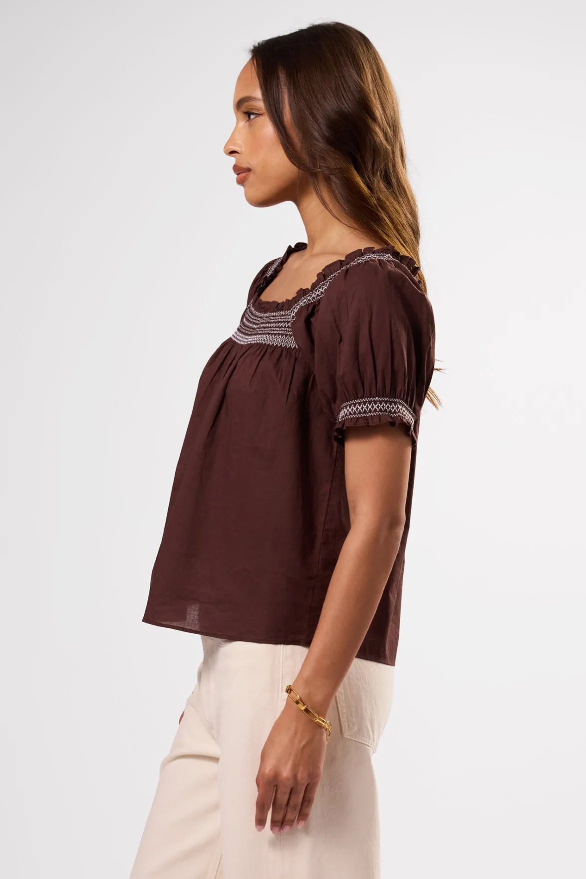 Tops|Clearance^Amour Vert Embroidered Smocked Top EspressoWhiteEmbroidery