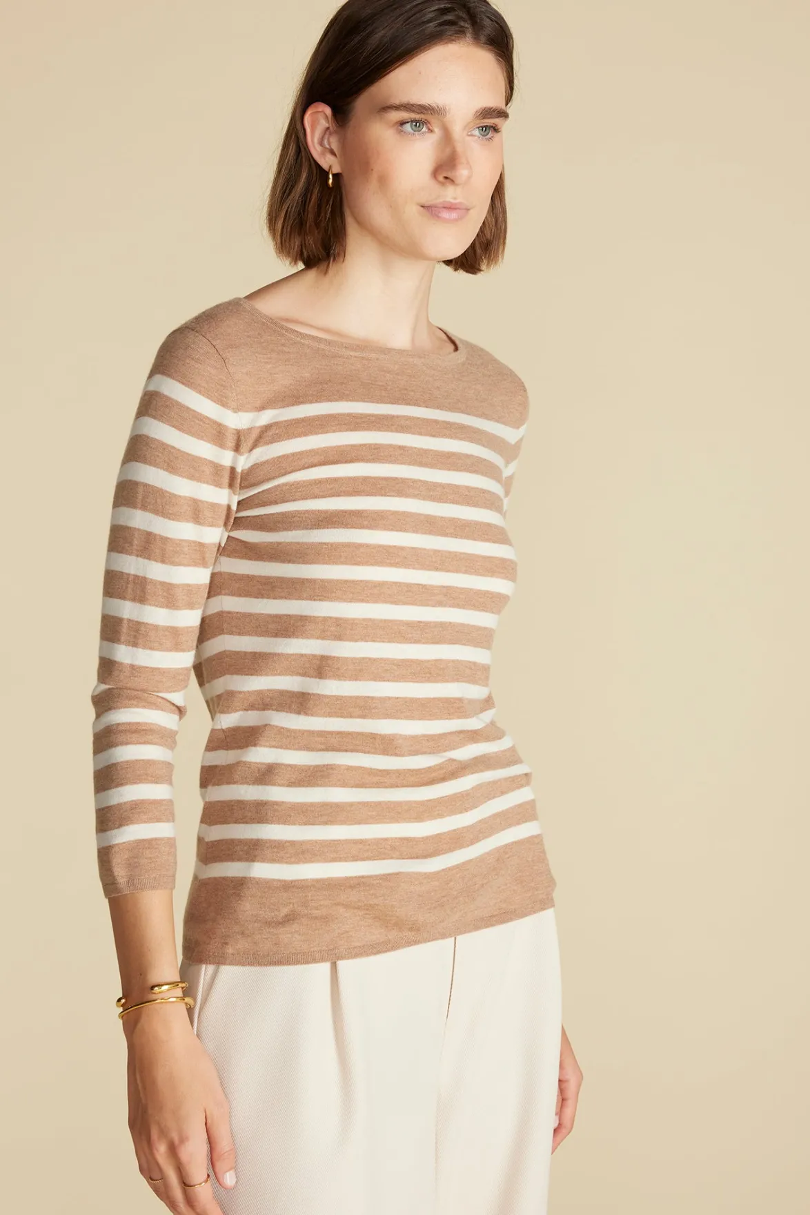 Sweaters & Cardigans^Amour Vert Fran Boatneck Striped Cashmere Sweater CafeAuLaitandIvoryStripe