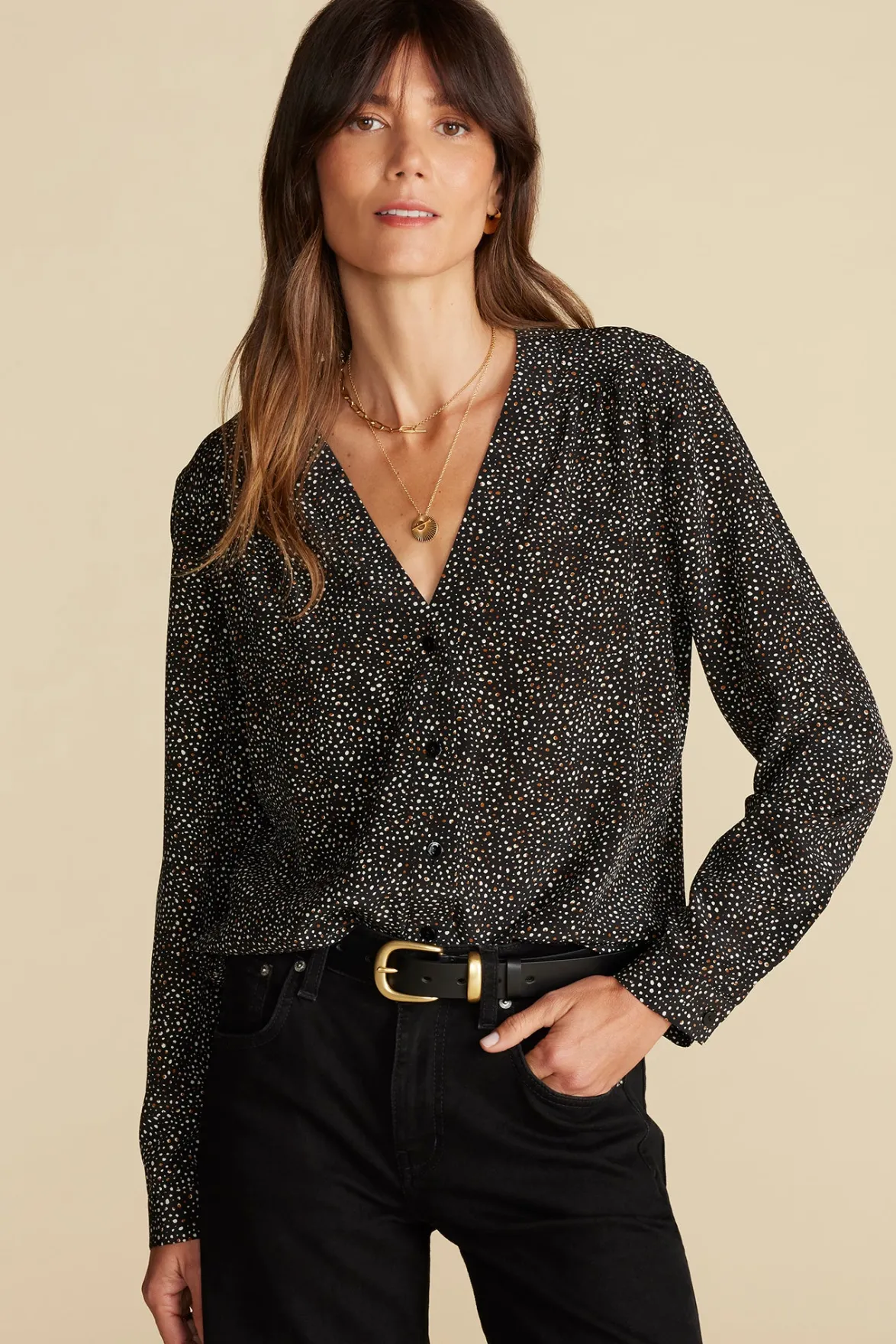 Blouses & Shirts|Tops^Amour Vert Kaya Washable Silk Blouse ChamonixBlackandWhitePrint